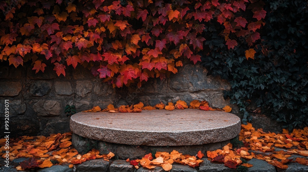 Poster this serene spot has a smooth stone platform surrounded by vibrant autumn leaves and ivy-covered wal
