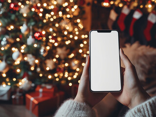 A woman holding a blank-screened mobile phone near a Christmas tree adorned with decorations, in a real photograph

