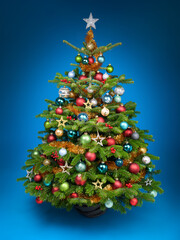 Gorgeous decorated Christmas tree with colorful ornaments on a vibrant vignetted blue background