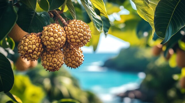 Sugar apple fruits hanging focus tropical tree lush palm leaves blurred background and the ocean visible in the distance emphasizing the fruits vibrant green texture Scientific name Annona squamosa