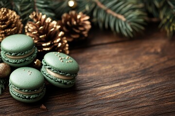 festive banner featuring green christmas macaroons on wood background, ideal for holidays with space for text