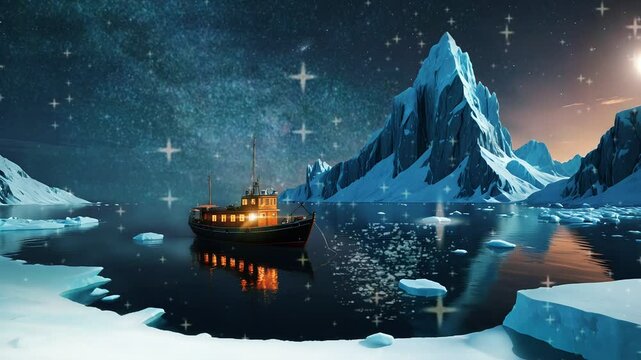 A lone ship sails through a frozen landscape under a starry sky. Seamless looping 4k time-lapse virtual video background