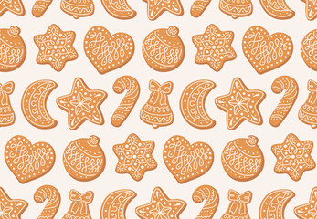 Seamless pattern of sweet gingerbread cookies. Hand drawn vector illustration. Design for Christmas and New year or homemade bakery wallpaper, textile, backdrop, wrapping paper.