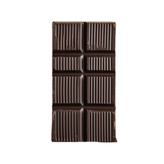 Bar of dark chocolate with six square segments isolated on transparent background