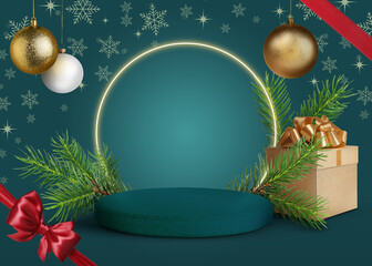 Christmas balls and snowflakes over empty podium and gift box on teal background. Stage for stylish...