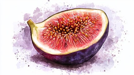 A sliced fig, a delicious dessert, drawn in a digital watercolor style. This exotic fruit is a tasty treat, perfect for vegetarians.