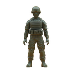 Green plastic toy soldier with helmet and army gear isolated on transparent background