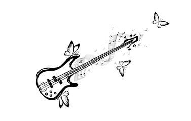 Guitar and notes abstract with butterflies. hand drawing. Not AI. Vector illustration