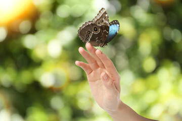 Woman holding beautiful butterfly against blurred background, closeup