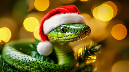 Obraz premium A green snake with a red Santa hat on head Symbol of 2025 New Year and Christmas celebration. Festive backdrop with a dangerous animal. Garland lights