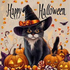 Happy Halloween Scene with Witch Cat