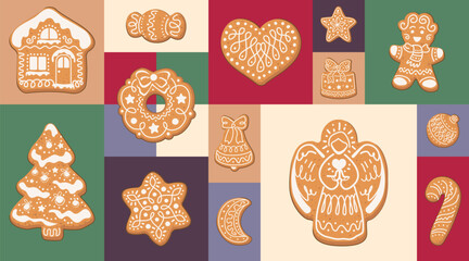 Christmas design collection of gingerbread cookies on bright geometric shapes. Hand drawn vector illustration. Geometric print, seamless pattern for Christmas and New year design or homemade bakery