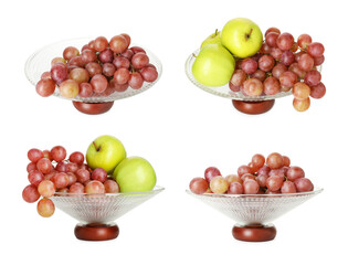 Glass fruit bowl with fresh apples and grapes isolated on white, collage