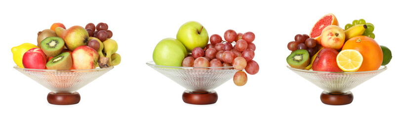 Glass bowl with fresh different fruits isolated on white, collage