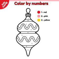 Page of kids coloring book by numbers. Cartoon Christmas tree decoration. Color the outline holiday New Year decoration. Educational activity book for children. Contour baby vector illustration.