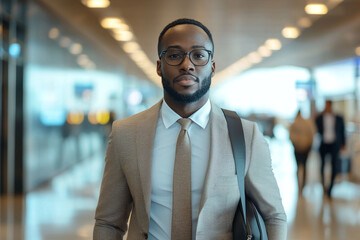 Fototapeta premium A young CEO is going through departure procedures at airport, dressed in stylish suit and glasses, exuding confidence and professionalism