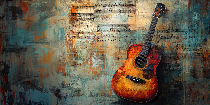 A vibrant acoustic guitar rests against textured background of colorful abstract art and sheet music, evoking sense of creativity and musical inspiration