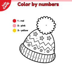 Page of kids Christmas coloring book by numbers. Cartoon winter hat. Color the outline hat with pom pom. Educational New Year activity book for children. Contour baby holiday vector illustration.