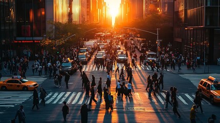 Obraz premium Amidst the bustling hub of New York City, the intersection of 5th Avenue and 23rd Street teems with a vibrant tapestry of pedestrians and vehicles, bathed in the warm glow of the setting sun.