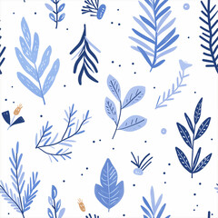 Fototapeta premium Seamless botanical pattern with blue leaves and plants on a white background for modern design