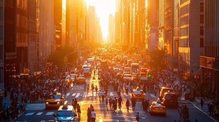 Amidst the bustling hub of New York City, the intersection of 5th Avenue and 23rd Street teems with a vibrant tapestry of pedestrians and vehicles, bathed in the warm glow of the setting sun.