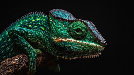 Obraz premium A stunning picture of a chameleon on a branch.The chameleon's skin is green and bumpy.Its eye is wide open, and it looks alert.The background is dark, which makes the chameleon stand out.
