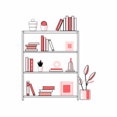 A vector illustration of a minimalist bookshelf with books and decor items. Perfect for content related to home organization, interior design, or library decor...