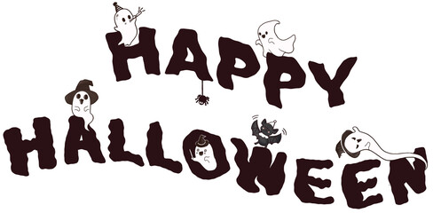 happy halloween text design , little ghosts and friends . cartoon characters , happy halloween party . 