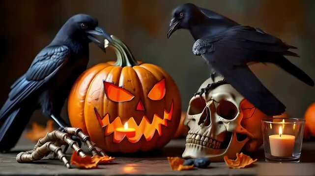 Halloween Concept Video Featuring Two Crows Posing Beside a Carved Pumpkin, Set Against a Dark, Eerie Background with Subtle Fog, Capturing a Mysterious and Spooky Atmosphere for the Holiday Season
