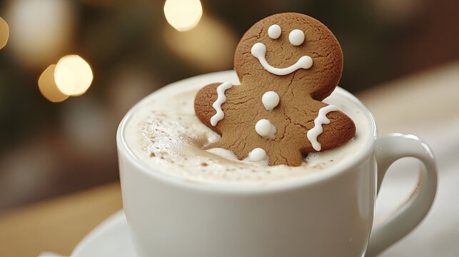 A tasty gingerbread man cookie dunked in a warm, frothy cup of chocolate or coffee drink.