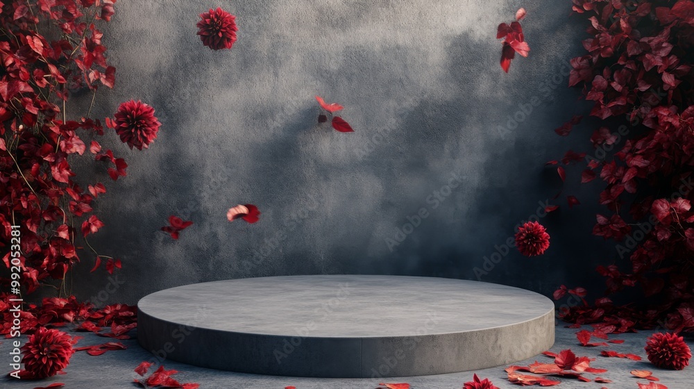 Poster a gray pedestal is positioned in front of a gray textured wall. on the left side of the image, red f