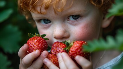 A young boy with red hair feasts on juicy red strawberries in a garden, captured up close.