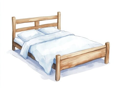 recommend clip art: Wooden bed with white bedding on a white isolated background.