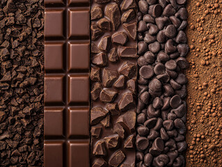 Texture sfondo di varie tavolette e tipi di cioccolato fondente e al latte