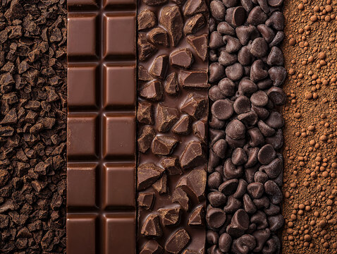 Texture sfondo di varie tavolette e tipi di cioccolato fondente e al latte