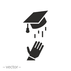 flying academic hat in the sky, student throws up graduation cap in the air, university award icon, flat vector illustration