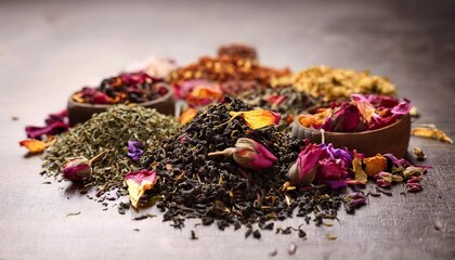 Fototapeta premium Herbal teas with depth of field showcasing dried herbs and vibrant petals in loose-leaf blends