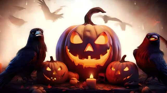 Halloween Concept Video Featuring Two Crows Posing Beside a Carved Pumpkin, Set Against a Dark, Eerie Background with Subtle Fog, Capturing a Mysterious and Spooky Atmosphere for the Holiday Season