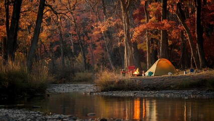 Golden Hour Retreat Riverside Camping Amidst Autumn Leaves.jpg