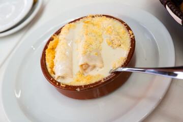 Traditional Italian сannelloni stuffed with minced meat baked in bechamel sauce with grated cheese