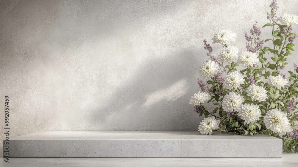 Poster A beautiful arrangement of white chrysanthemums sits beside a simple rectangular pedestal. The soft, textured background adds elegance to the serene atmosphere created by the flowers.