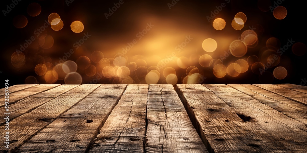 Aufkleber Empty wooden table surface with a blurred golden bokeh background, creating a warm and inviting atmosphere perfect for autumn or festive scenes.
