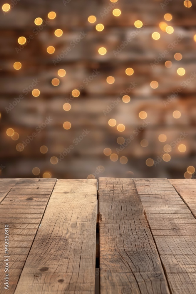 Aufkleber Empty wooden table surface with a blurred golden bokeh background, creating a warm and inviting atmosphere perfect for autumn or festive scenes.