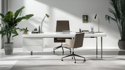 Modern home office desk with a white lacquer finish and metal legs