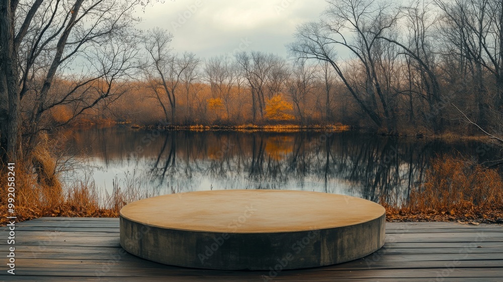 Poster A circular concrete platform sits on wooden decking, overlooking a calm lake surrounded by trees displaying autumn colors. This serene location invites reflection and connection with nature.