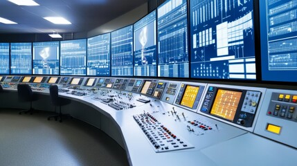 Intricate Nuclear Reactor Control Room - A mesmerizing close-up of a nuclear reactor control room, showcasing the intricate machinery and glowing screens that drive this complex system.