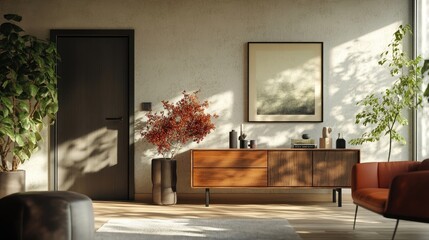 Modern living room interior with door and sideboard 3d rendering