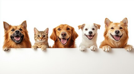 Cute dog and cat with paws on the edge isolated