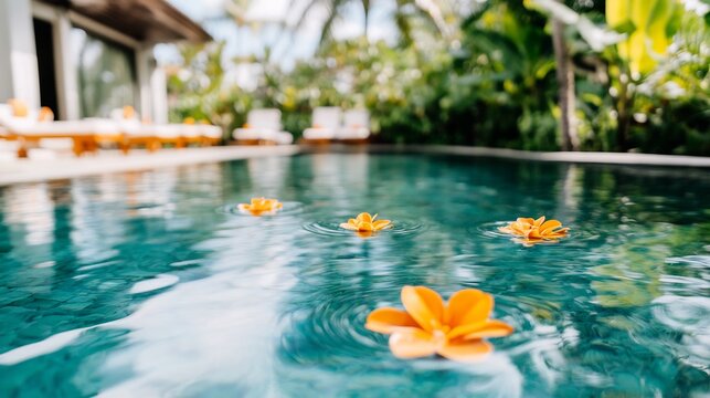 Mora fruits floating crystalclear pool a tropical resort with reflections of palm trees and beach towels softly blurred behind promoting a refreshing exotic vacation vibe Scientific name Morus nigra