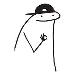 simple black cartoon character stick with hat and hand sign ok